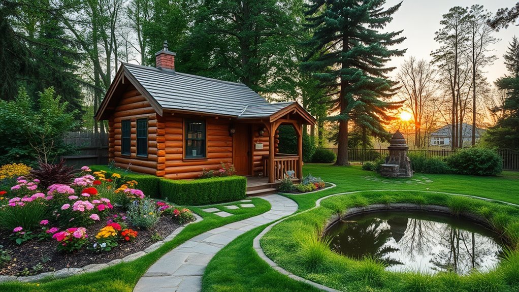 compact yard cabin landscaping