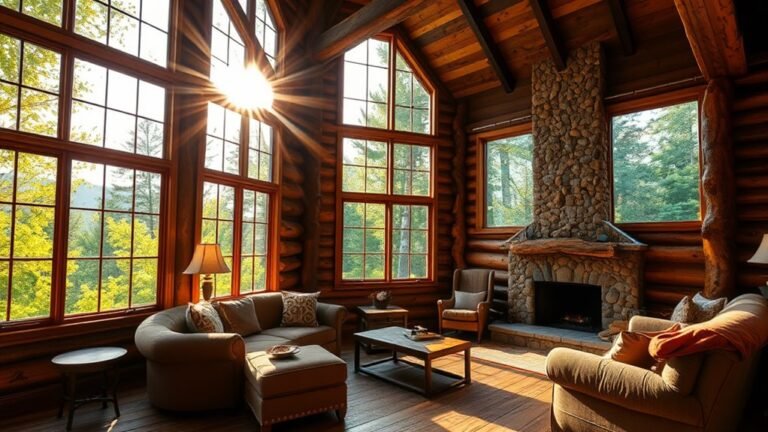 log cabins with sunlight