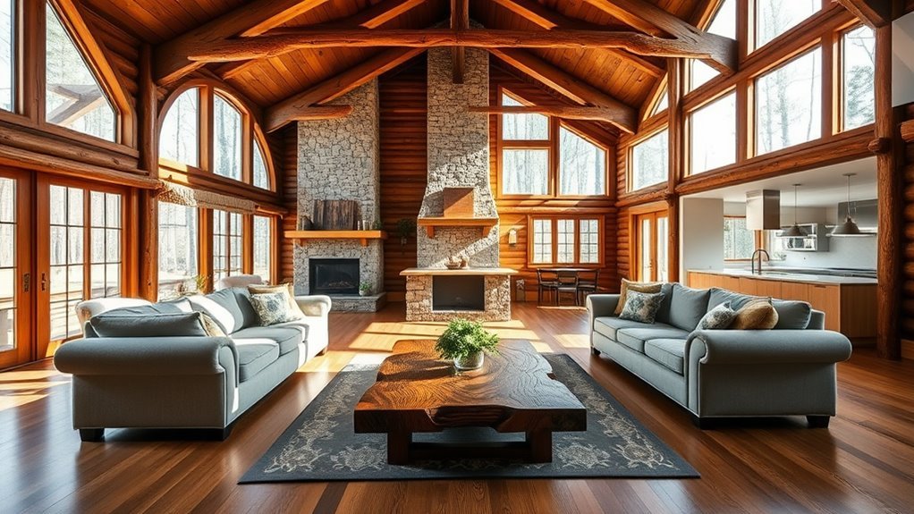 open plan log cabin living