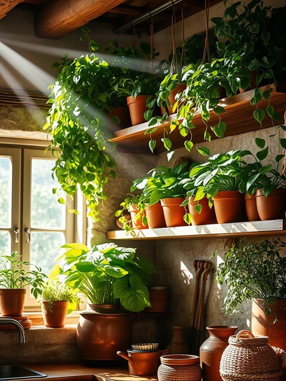 plants on open shelves