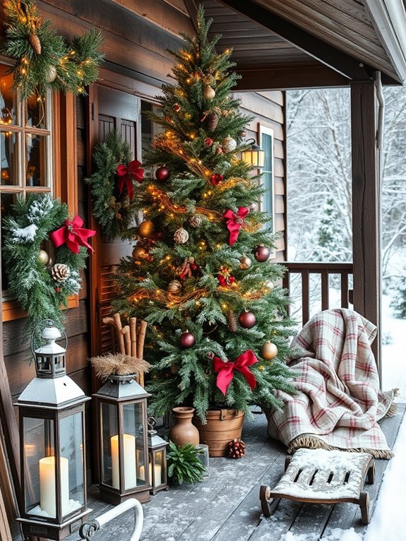 porch adorned with christmas tree