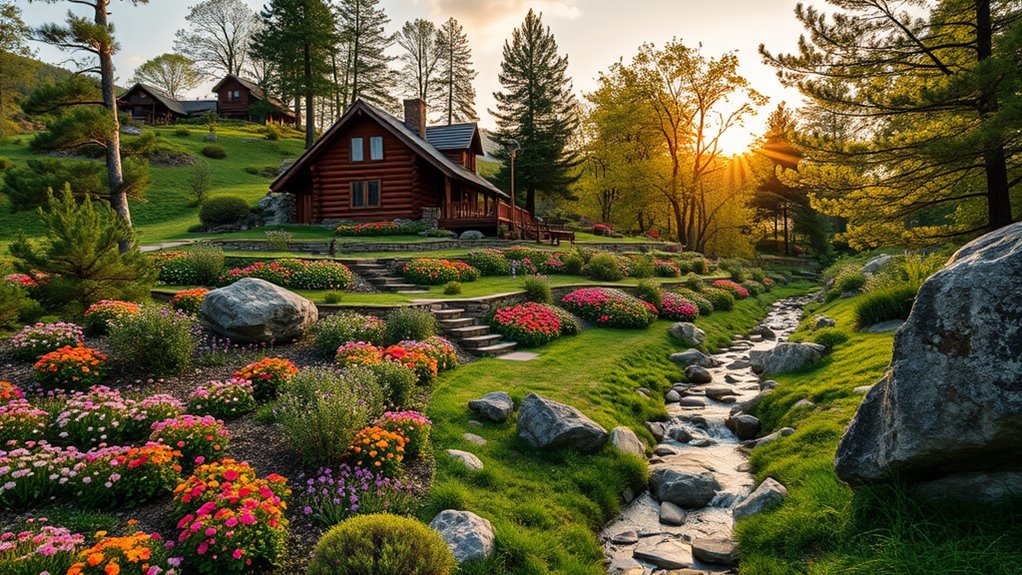 sloped yard log cabin landscaping