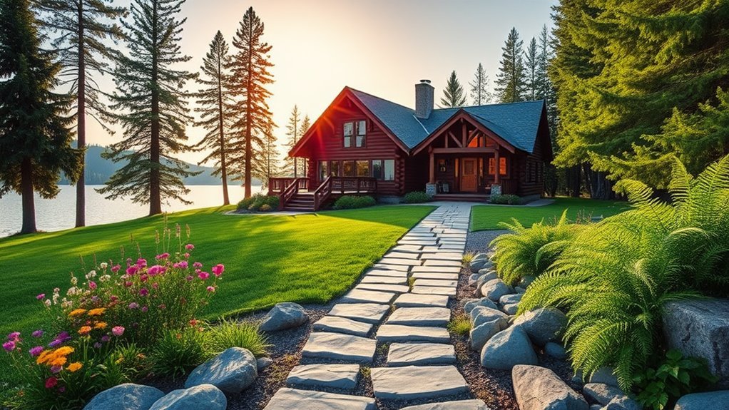 waterfront log cabin landscaping