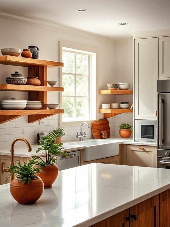 wood accented open shelving
